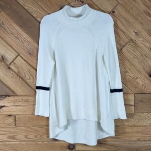 Halogen Sweater Women Size L Mock Neck High Low Stripe Wool Blend Cream FLAW